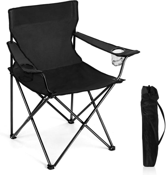 Black folding chair with cup holder and carrying bag on a white background
