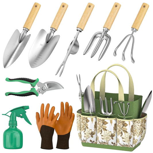 Set of gardening tools including trowels, pruners, gloves, and a spray bottle with a carrying bag on a white background.